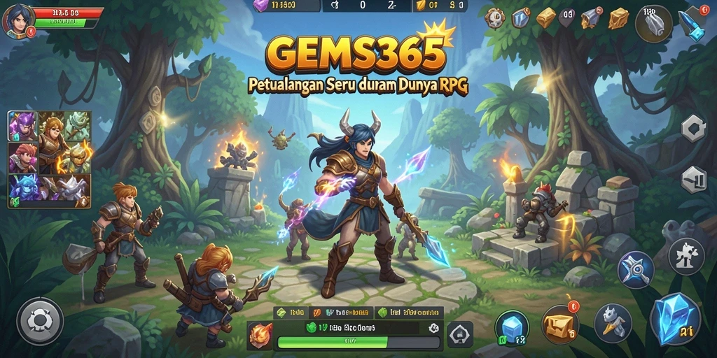 Screenshot GEMS365 menampilkan pertempuran epik di dunia fantasi.