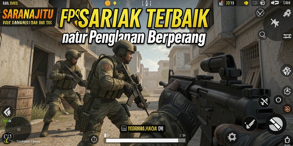 Screenshot utama SARANAJITU menampilkan aksi intens di medan perang FPS.