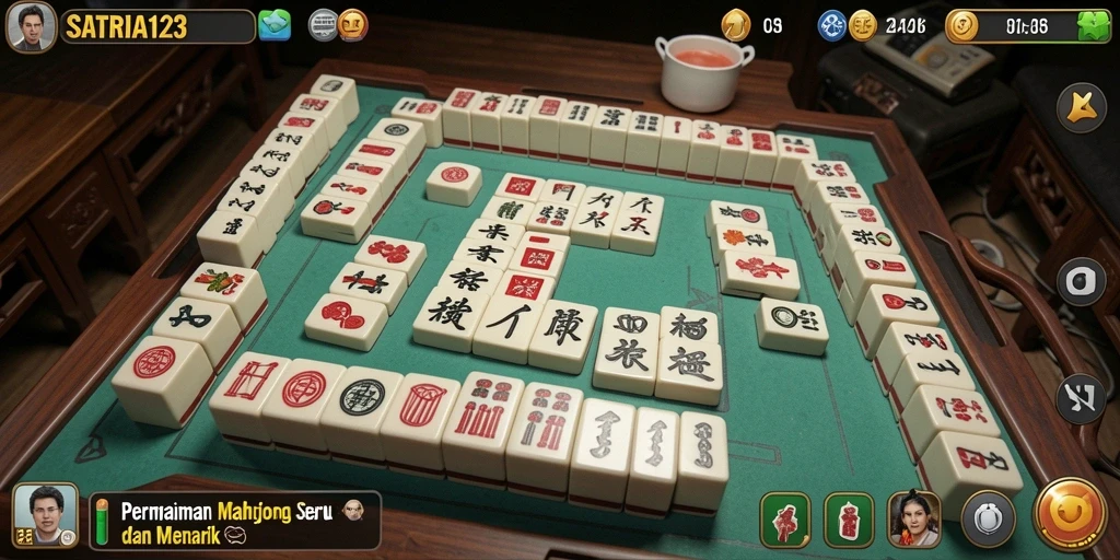 Tampilan gameplay menarik dari SATRIA123 dengan berbagai ubin Mahjong.